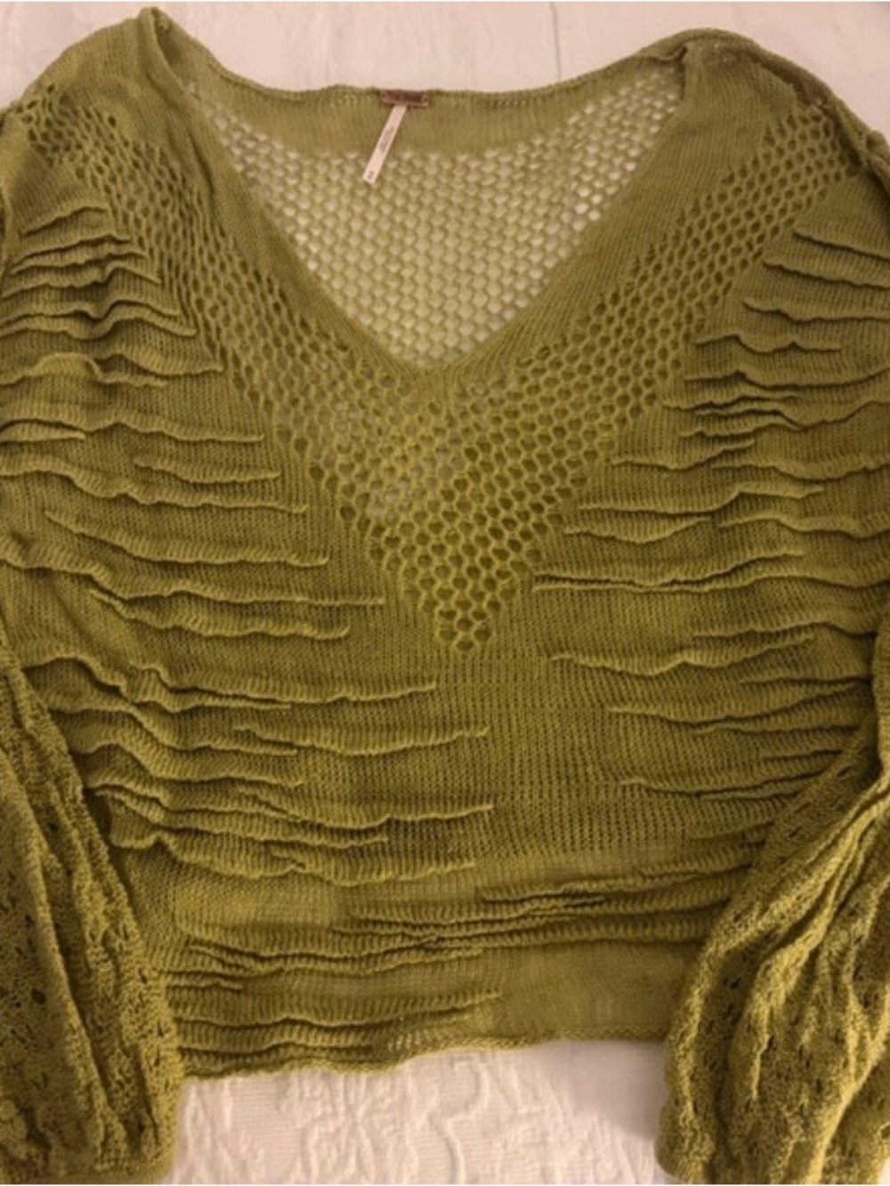 Free People Cropped Open Knit Green Boho Sweater size M